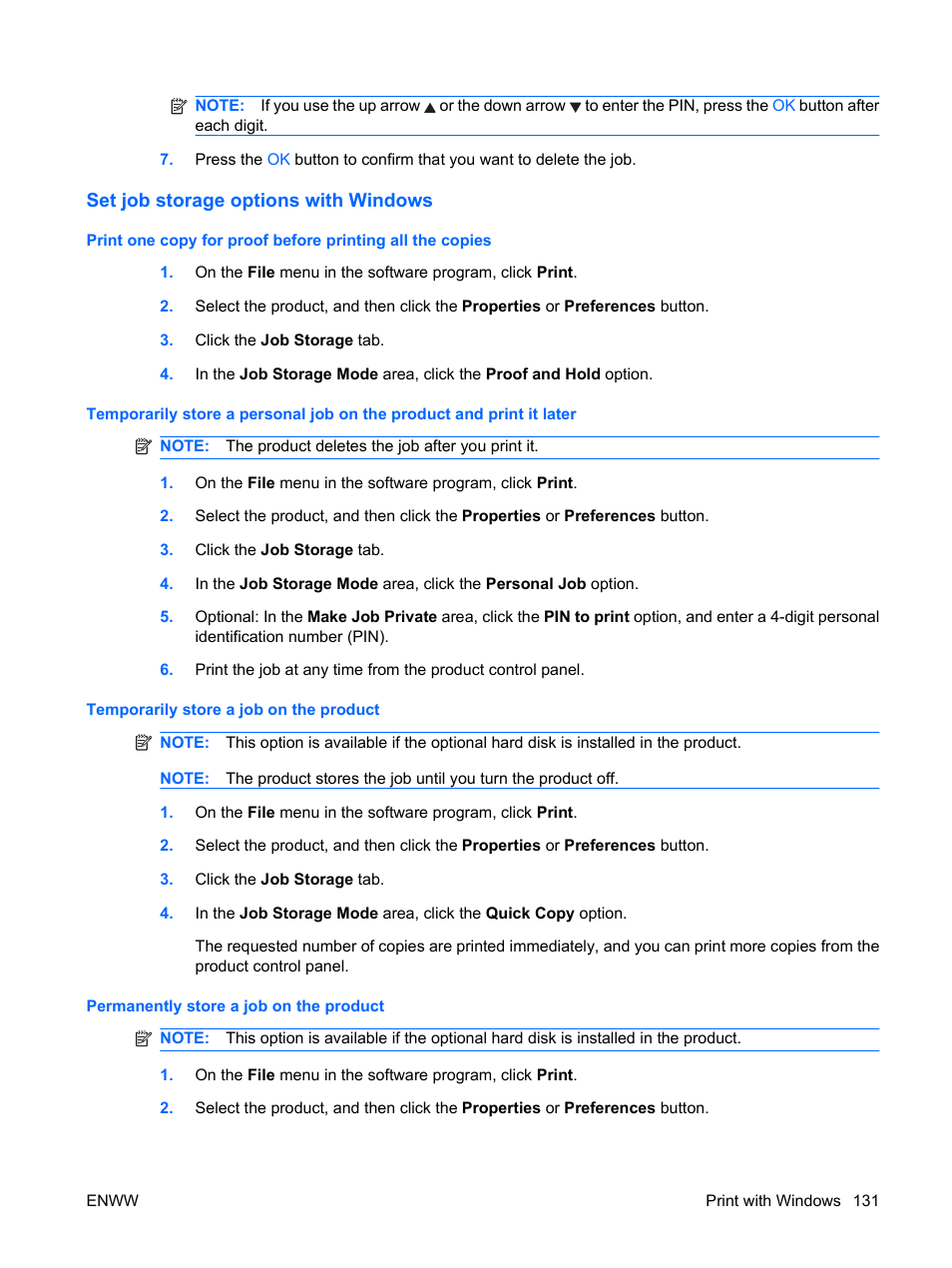 Set job storage options with windows, Temporarily store a job on the product, Permanently store a job on the product | HP Color LaserJet Enterprise CP4525 Printer series User Manual | Page 145 / 282