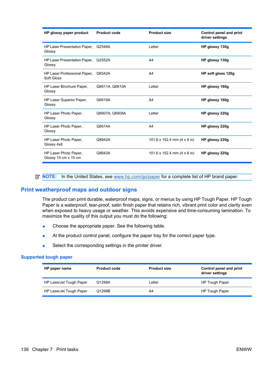 Print weatherproof maps and outdoor signs, Supported tough paper | HP Color LaserJet Enterprise CP4525 Printer series User Manual | Page 150 / 282