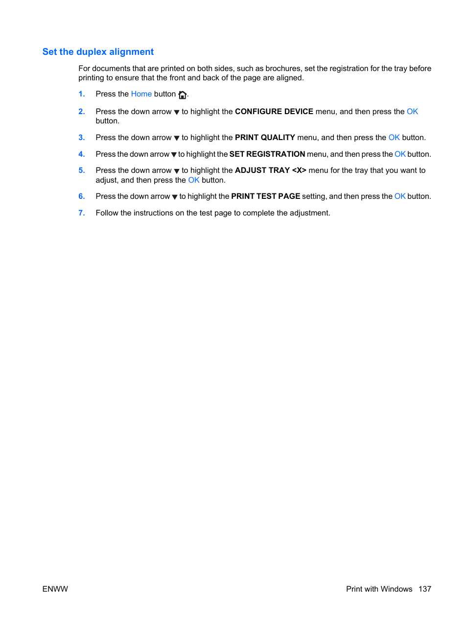 Set the duplex alignment | HP Color LaserJet Enterprise CP4525 Printer series User Manual | Page 151 / 282