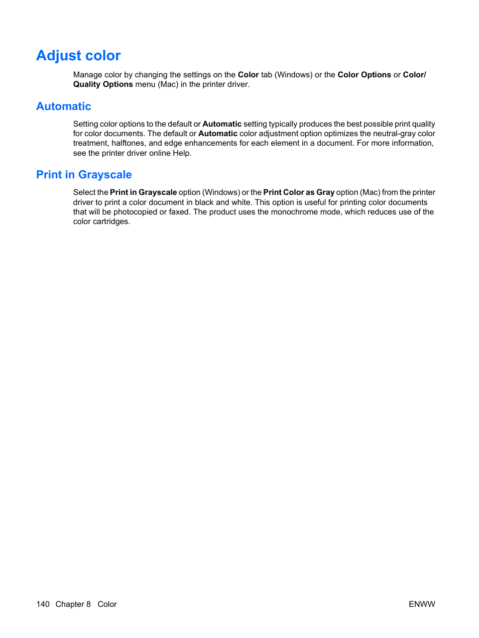 Adjust color, Automatic, Print in grayscale | Automatic print in grayscale | HP Color LaserJet Enterprise CP4525 Printer series User Manual | Page 154 / 282