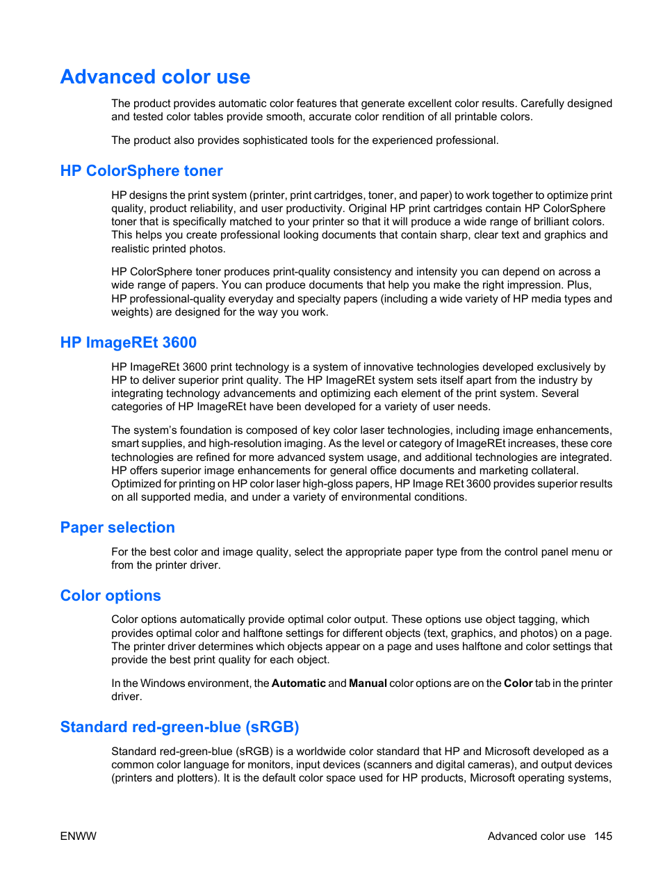 Advanced color use, Hp colorsphere toner, Hp imageret 3600 | Paper selection, Color options, Standard red-green-blue (srgb) | HP Color LaserJet Enterprise CP4525 Printer series User Manual | Page 159 / 282