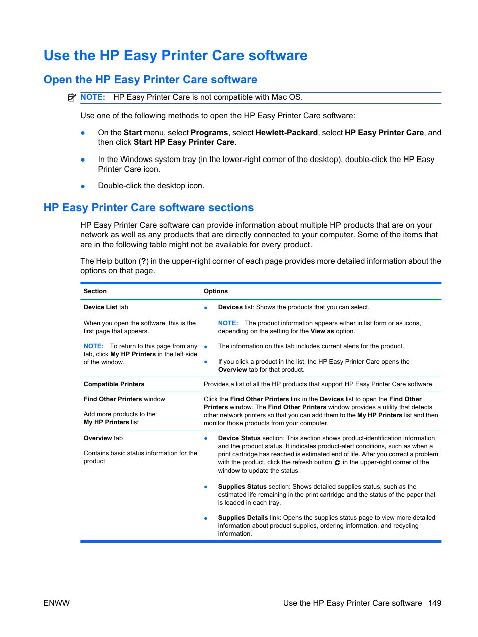 Use the hp easy printer care software, Open the hp easy printer care software, Hp easy printer care software sections | HP Color LaserJet Enterprise CP4525 Printer series User Manual | Page 163 / 282