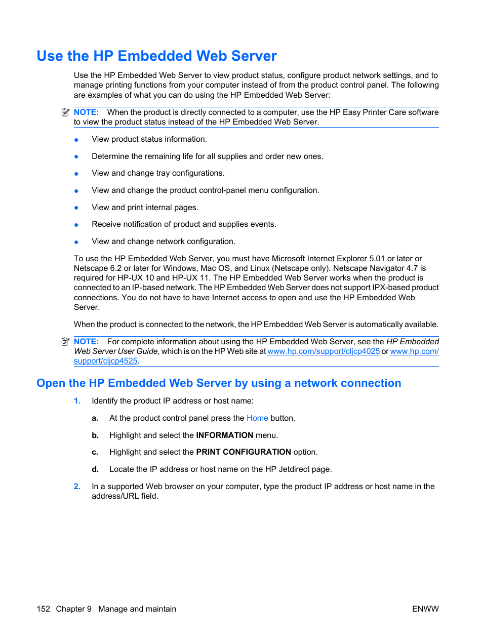 Use the hp embedded web server | HP Color LaserJet Enterprise CP4525 Printer series User Manual | Page 166 / 282