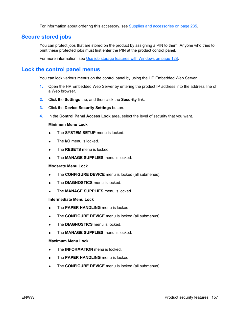 Secure stored jobs, Lock the control panel menus, Secure stored jobs lock the control panel menus | HP Color LaserJet Enterprise CP4525 Printer series User Manual | Page 171 / 282