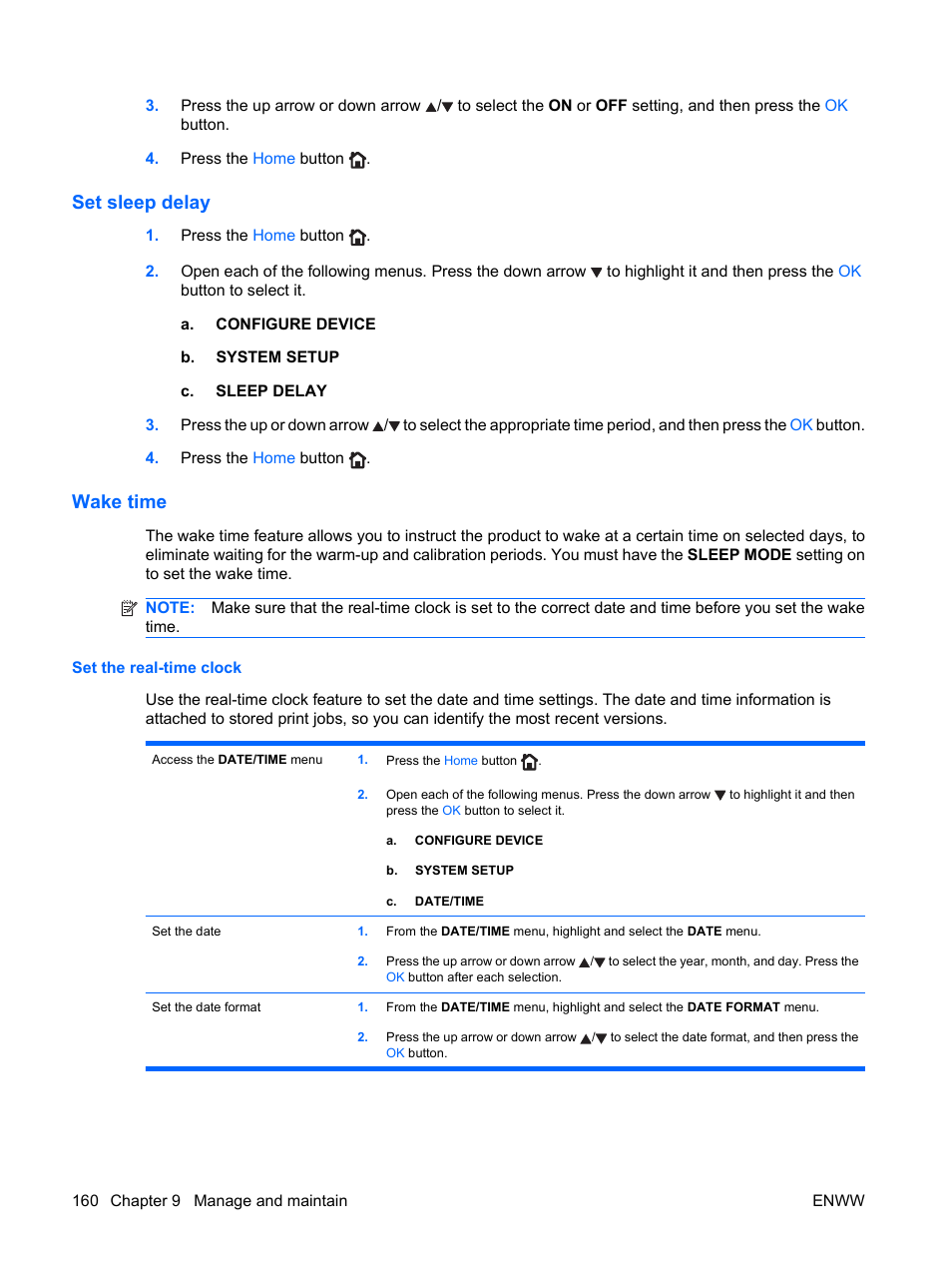 Set sleep delay, Wake time, Set the real-time clock | Set sleep delay wake time | HP Color LaserJet Enterprise CP4525 Printer series User Manual | Page 174 / 282