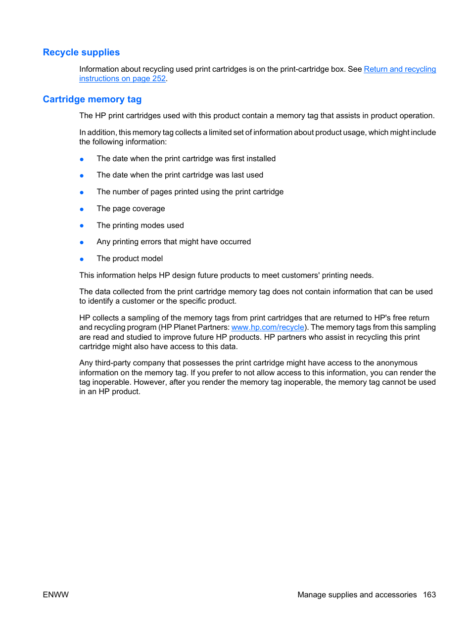 Recycle supplies, Cartridge memory tag, Recycle supplies cartridge memory tag | HP Color LaserJet Enterprise CP4525 Printer series User Manual | Page 177 / 282