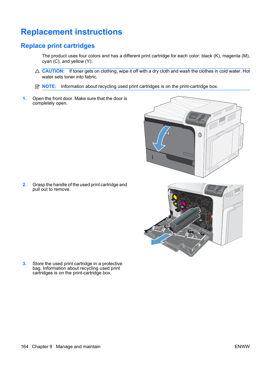 Replacement instructions, Replace print cartridges | HP Color LaserJet Enterprise CP4525 Printer series User Manual | Page 178 / 282