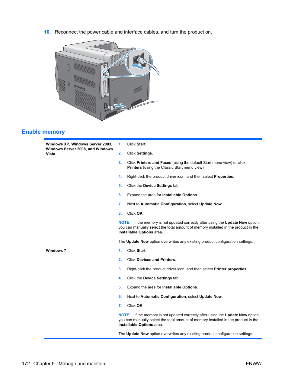 Enable memory, 172 chapter 9 manage and maintain enww | HP Color LaserJet Enterprise CP4525 Printer series User Manual | Page 186 / 282