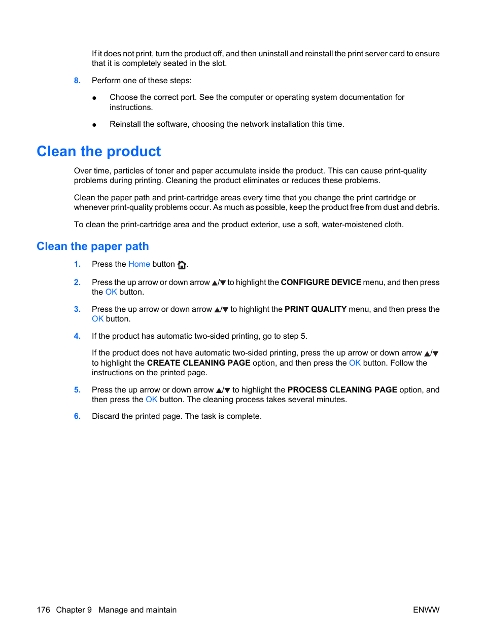 Clean the product, Clean the paper path | HP Color LaserJet Enterprise CP4525 Printer series User Manual | Page 190 / 282