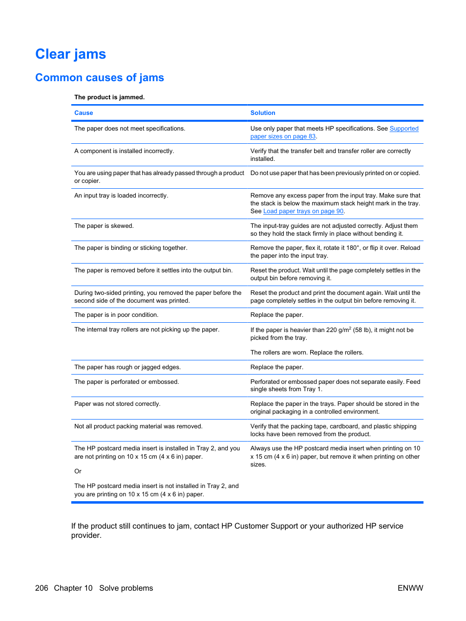 Clear jams, Common causes of jams | HP Color LaserJet Enterprise CP4525 Printer series User Manual | Page 220 / 282