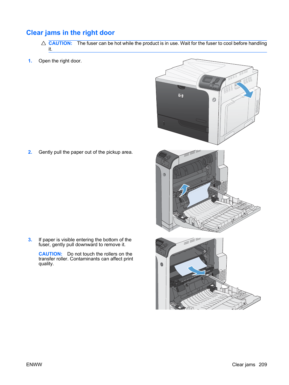 Clear jams in the right door | HP Color LaserJet Enterprise CP4525 Printer series User Manual | Page 223 / 282