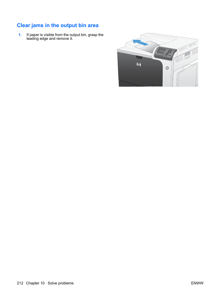 Clear jams in the output bin area | HP Color LaserJet Enterprise CP4525 Printer series User Manual | Page 226 / 282