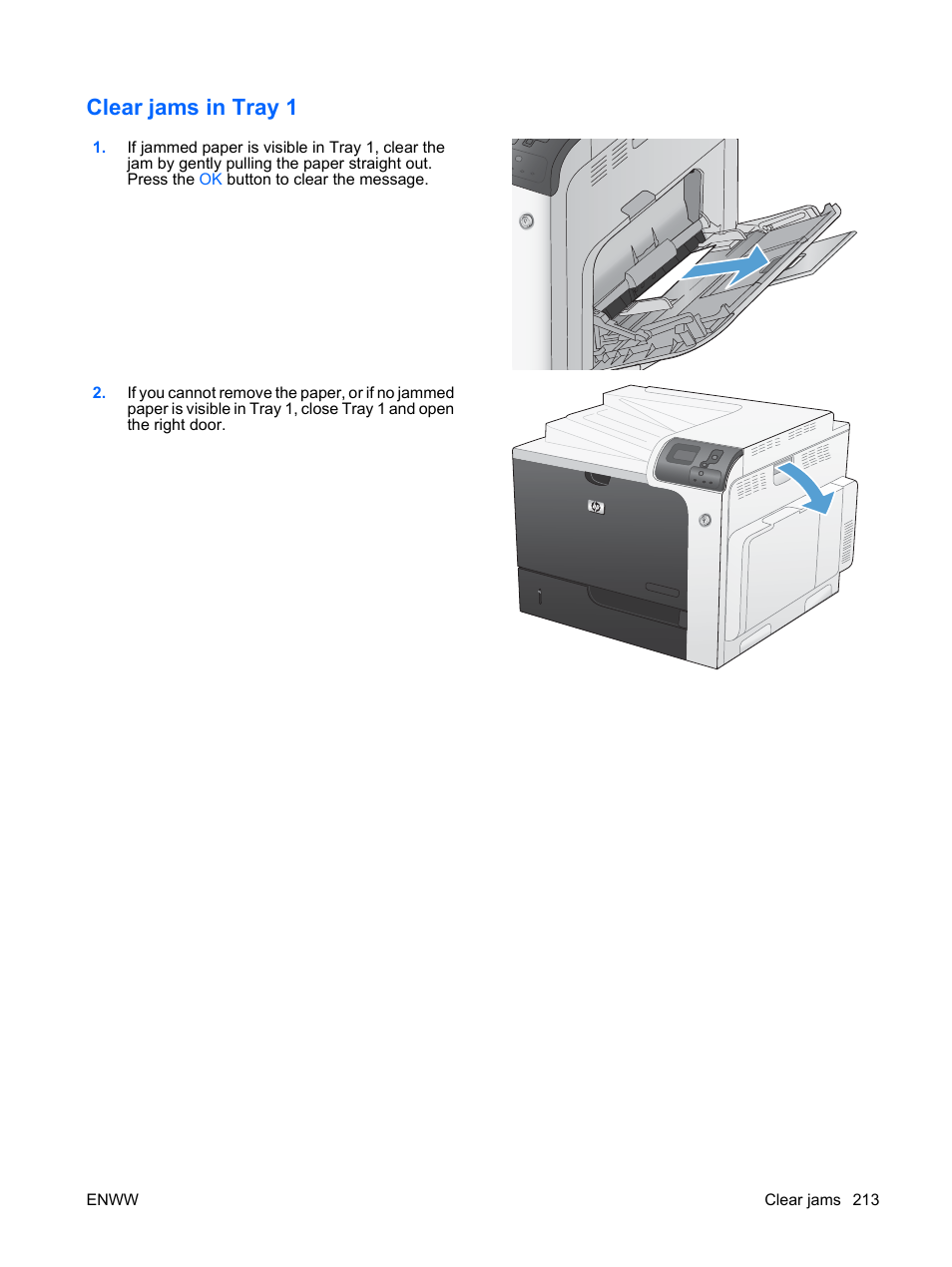 Clear jams in tray 1 | HP Color LaserJet Enterprise CP4525 Printer series User Manual | Page 227 / 282