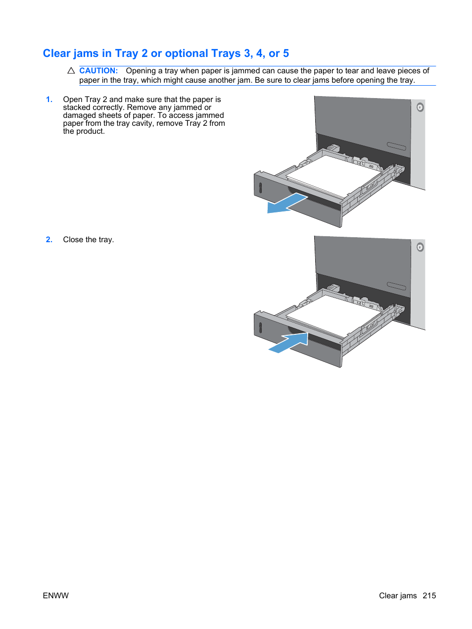 Clear jams in tray 2 or optional trays 3, 4, or 5 | HP Color LaserJet Enterprise CP4525 Printer series User Manual | Page 229 / 282