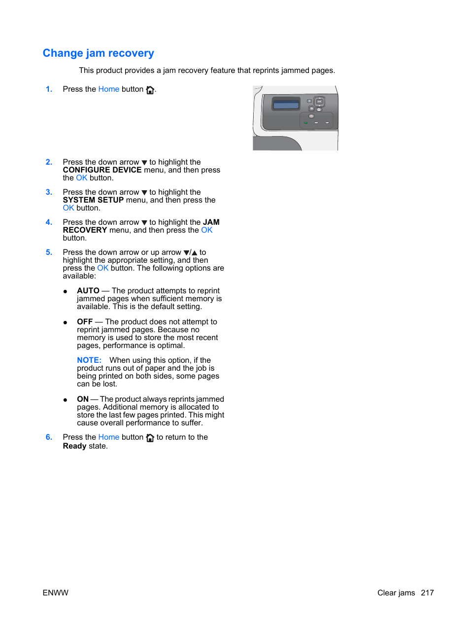Change jam recovery | HP Color LaserJet Enterprise CP4525 Printer series User Manual | Page 231 / 282