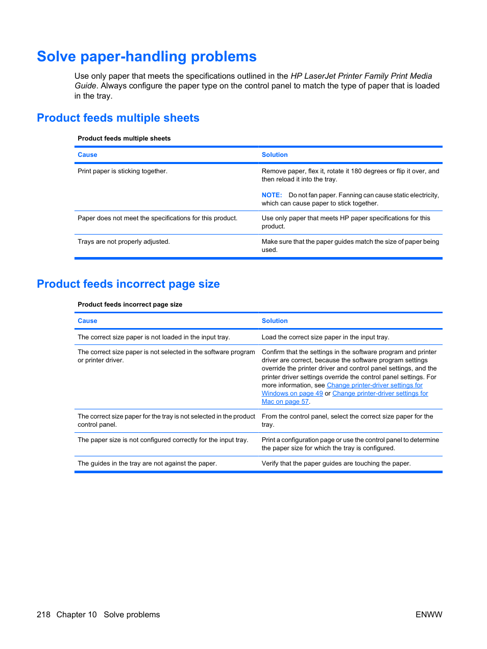Solve paper-handling problems, Product feeds multiple sheets, Product feeds incorrect page size | HP Color LaserJet Enterprise CP4525 Printer series User Manual | Page 232 / 282