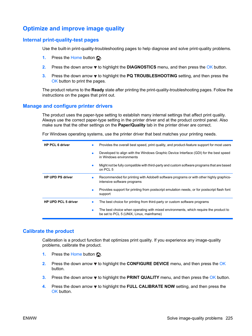 Optimize and improve image quality, Manage and configure printer drivers, Calibrate the product | Internal print-quality-test pages | HP Color LaserJet Enterprise CP4525 Printer series User Manual | Page 239 / 282