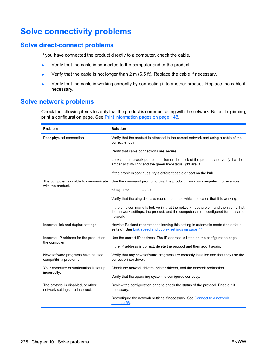 Solve connectivity problems, Solve direct-connect problems, Solve network problems | HP Color LaserJet Enterprise CP4525 Printer series User Manual | Page 242 / 282