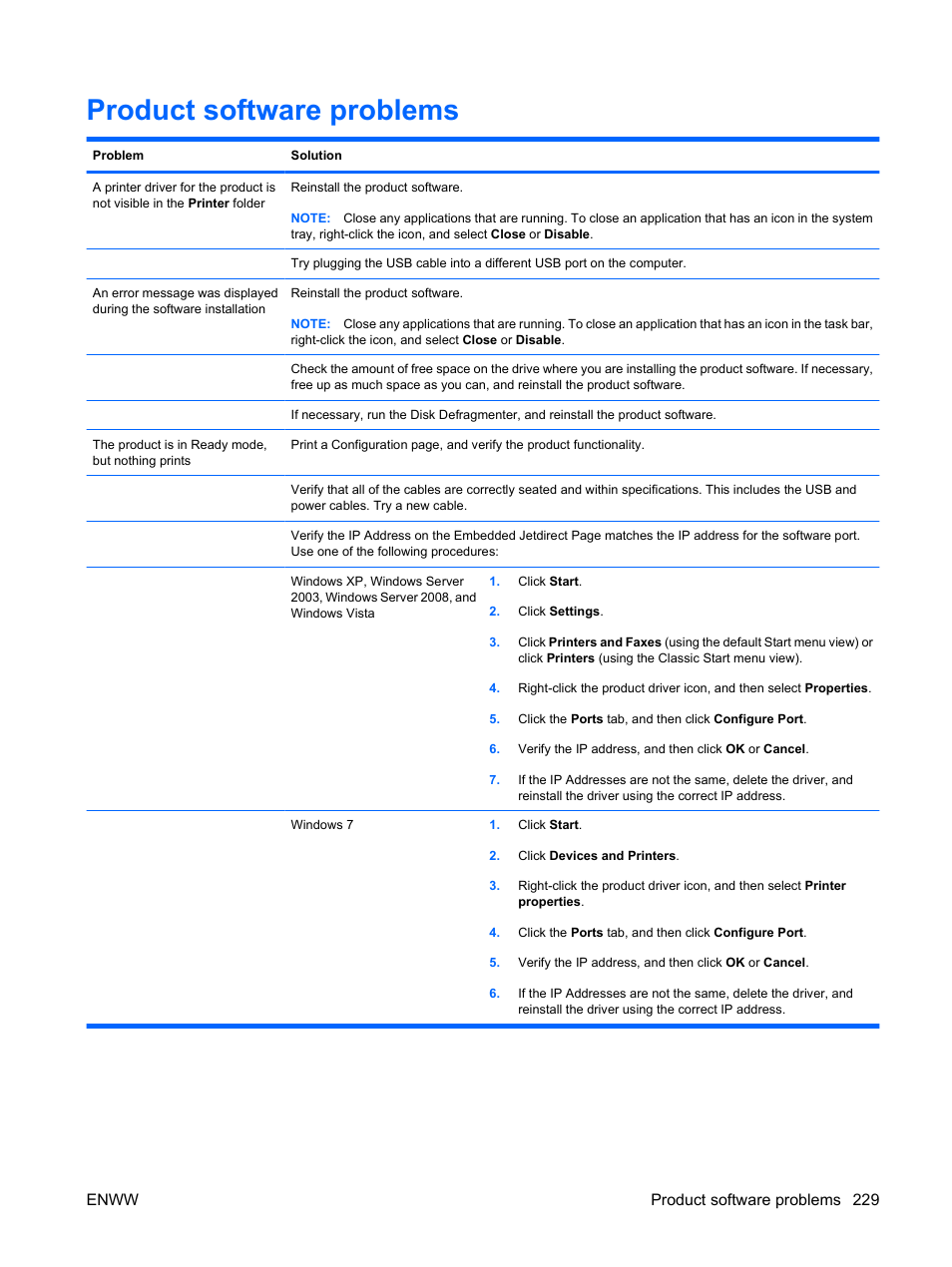 Product software problems, Enww product software problems 229 | HP Color LaserJet Enterprise CP4525 Printer series User Manual | Page 243 / 282