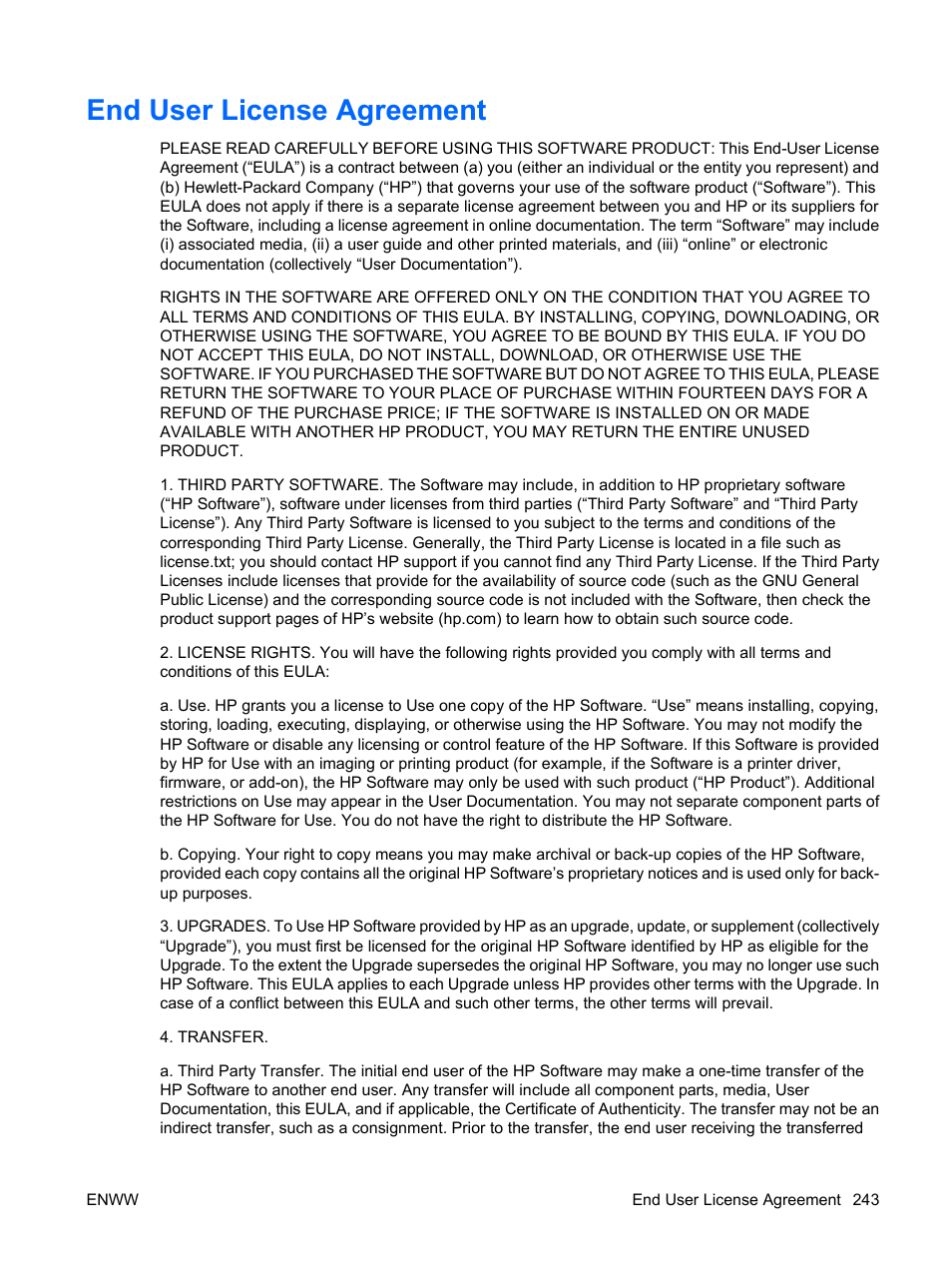 End user license agreement | HP Color LaserJet Enterprise CP4525 Printer series User Manual | Page 257 / 282