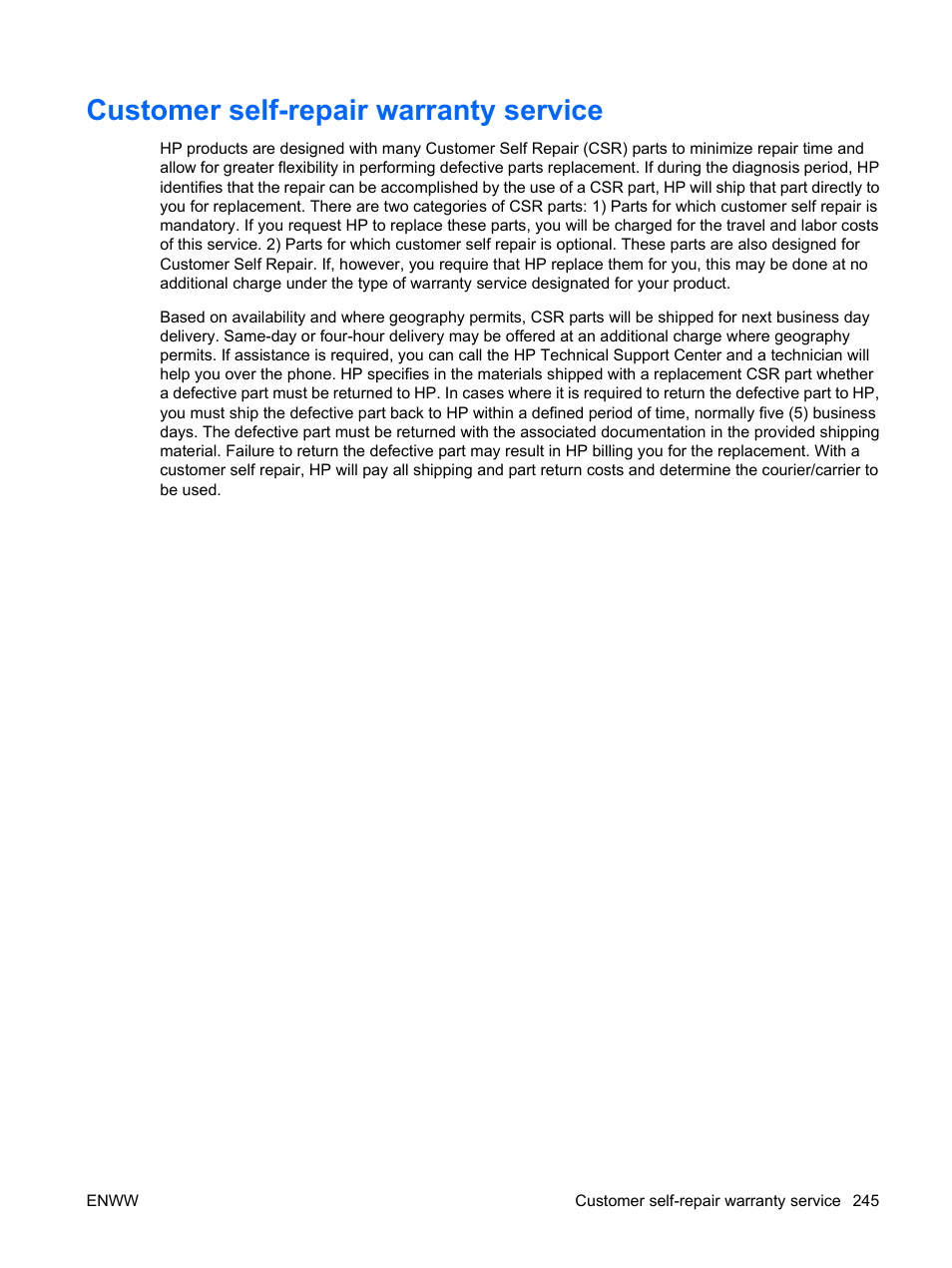 Customer self-repair warranty service | HP Color LaserJet Enterprise CP4525 Printer series User Manual | Page 259 / 282