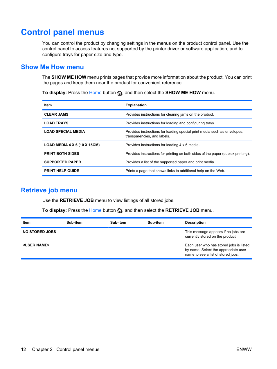 Control panel menus, Show me how menu, Retrieve job menu | Show me how menu retrieve job menu | HP Color LaserJet Enterprise CP4525 Printer series User Manual | Page 26 / 282