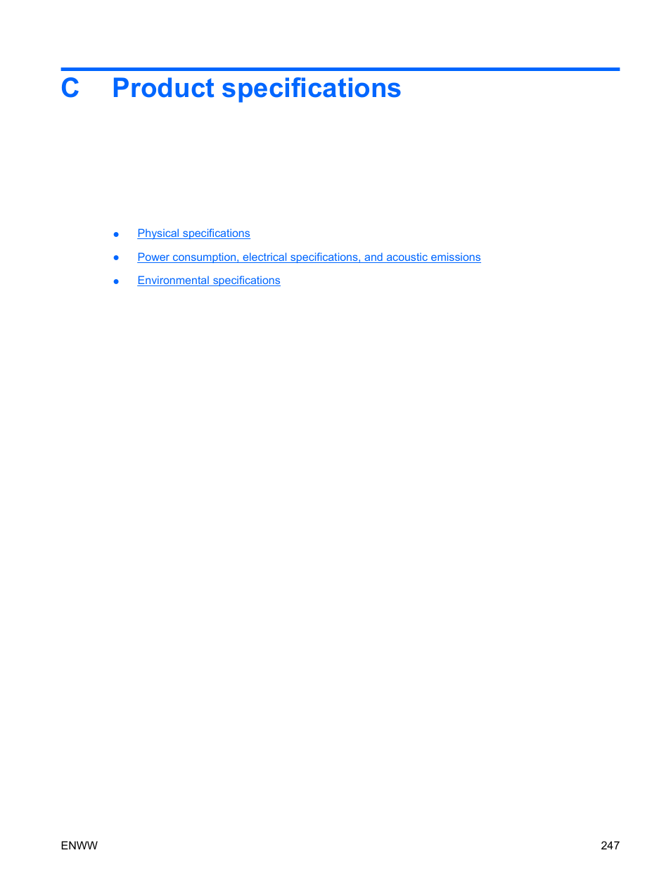 Product specifications, Appendix c product specifications, Cproduct specifications | HP Color LaserJet Enterprise CP4525 Printer series User Manual | Page 261 / 282