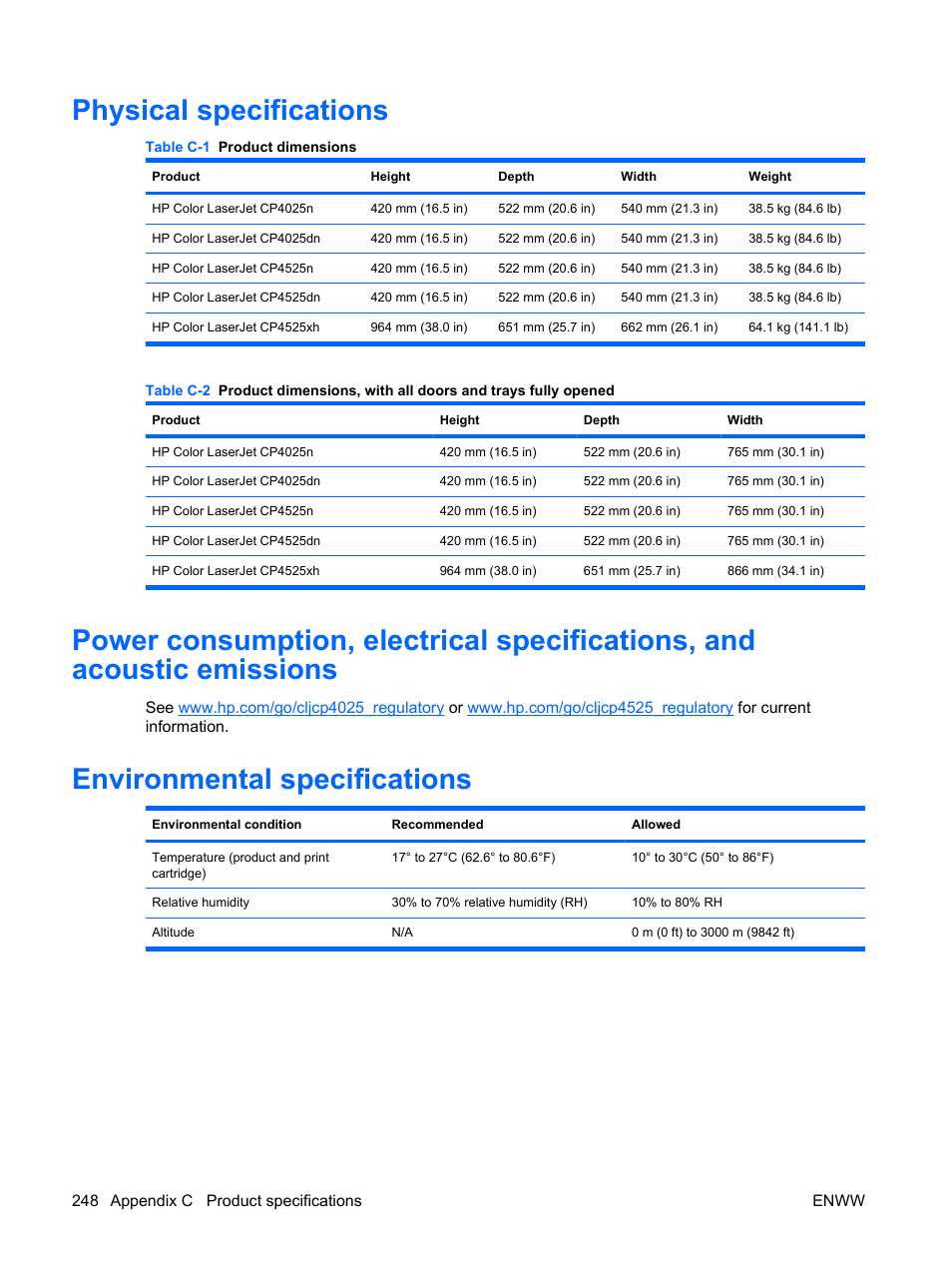 Physical specifications, Environmental specifications | HP Color LaserJet Enterprise CP4525 Printer series User Manual | Page 262 / 282