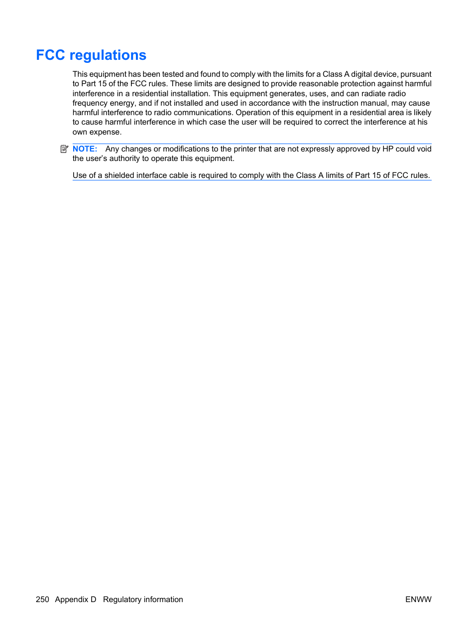 Fcc regulations | HP Color LaserJet Enterprise CP4525 Printer series User Manual | Page 264 / 282