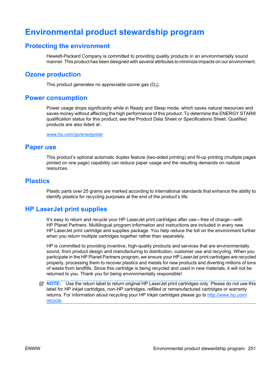 Environmental product stewardship program, Protecting the environment, Ozone production | Power consumption, Paper use, Plastics, Hp laserjet print supplies | HP Color LaserJet Enterprise CP4525 Printer series User Manual | Page 265 / 282