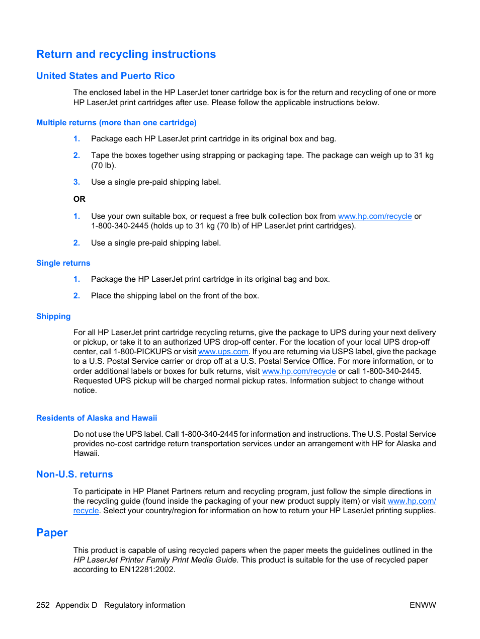 Return and recycling instructions, United states and puerto rico, Multiple returns (more than one cartridge) | Single returns, Shipping, Residents of alaska and hawaii, Non-u.s. returns, Paper | HP Color LaserJet Enterprise CP4525 Printer series User Manual | Page 266 / 282