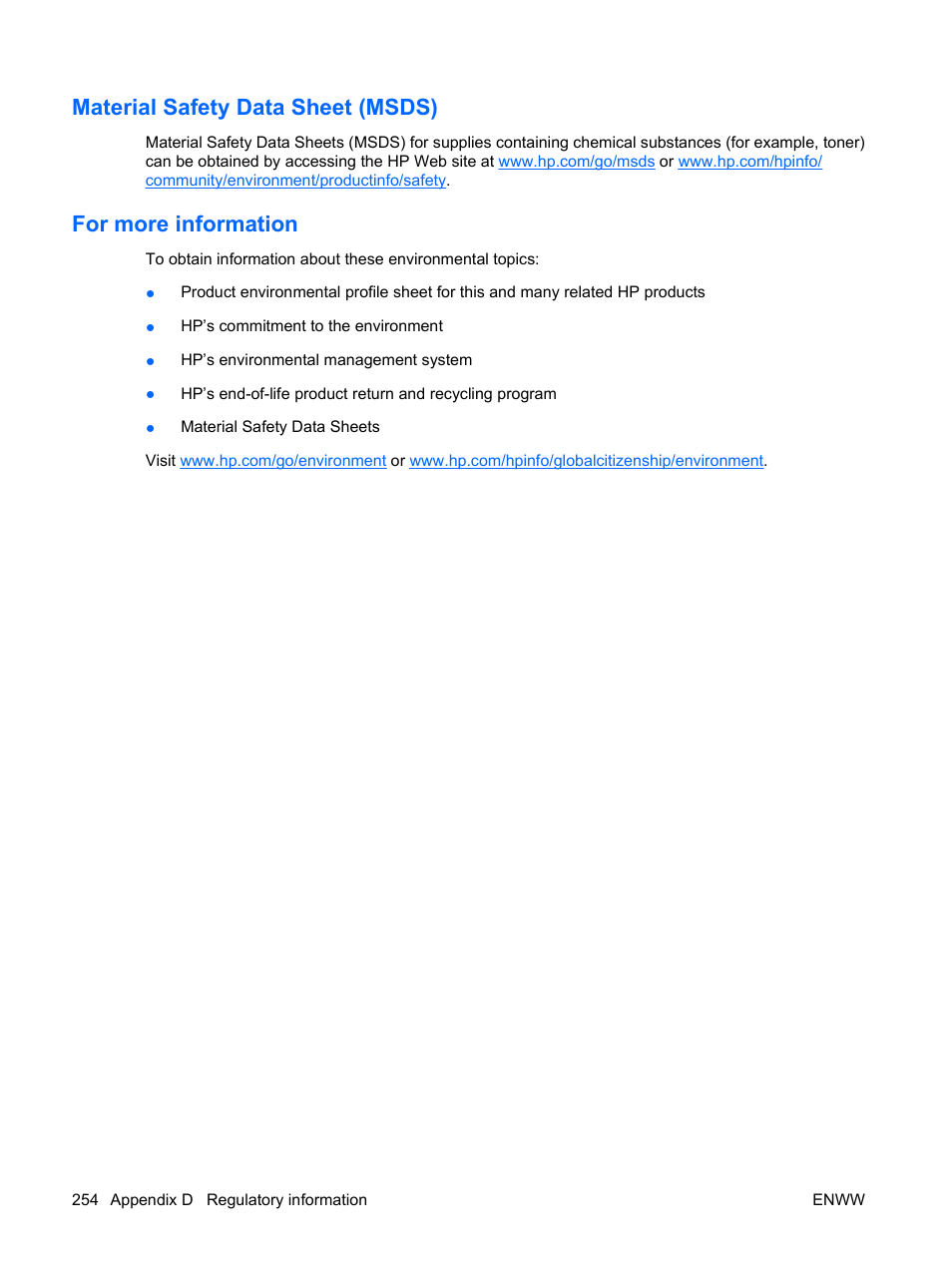 Material safety data sheet (msds), For more information | HP Color LaserJet Enterprise CP4525 Printer series User Manual | Page 268 / 282