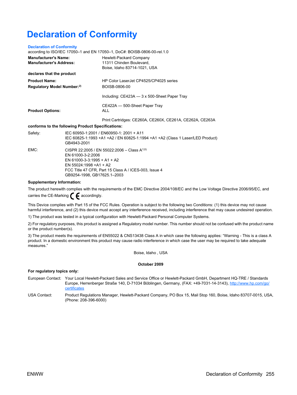 Declaration of conformity, Enww declaration of conformity 255 | HP Color LaserJet Enterprise CP4525 Printer series User Manual | Page 269 / 282