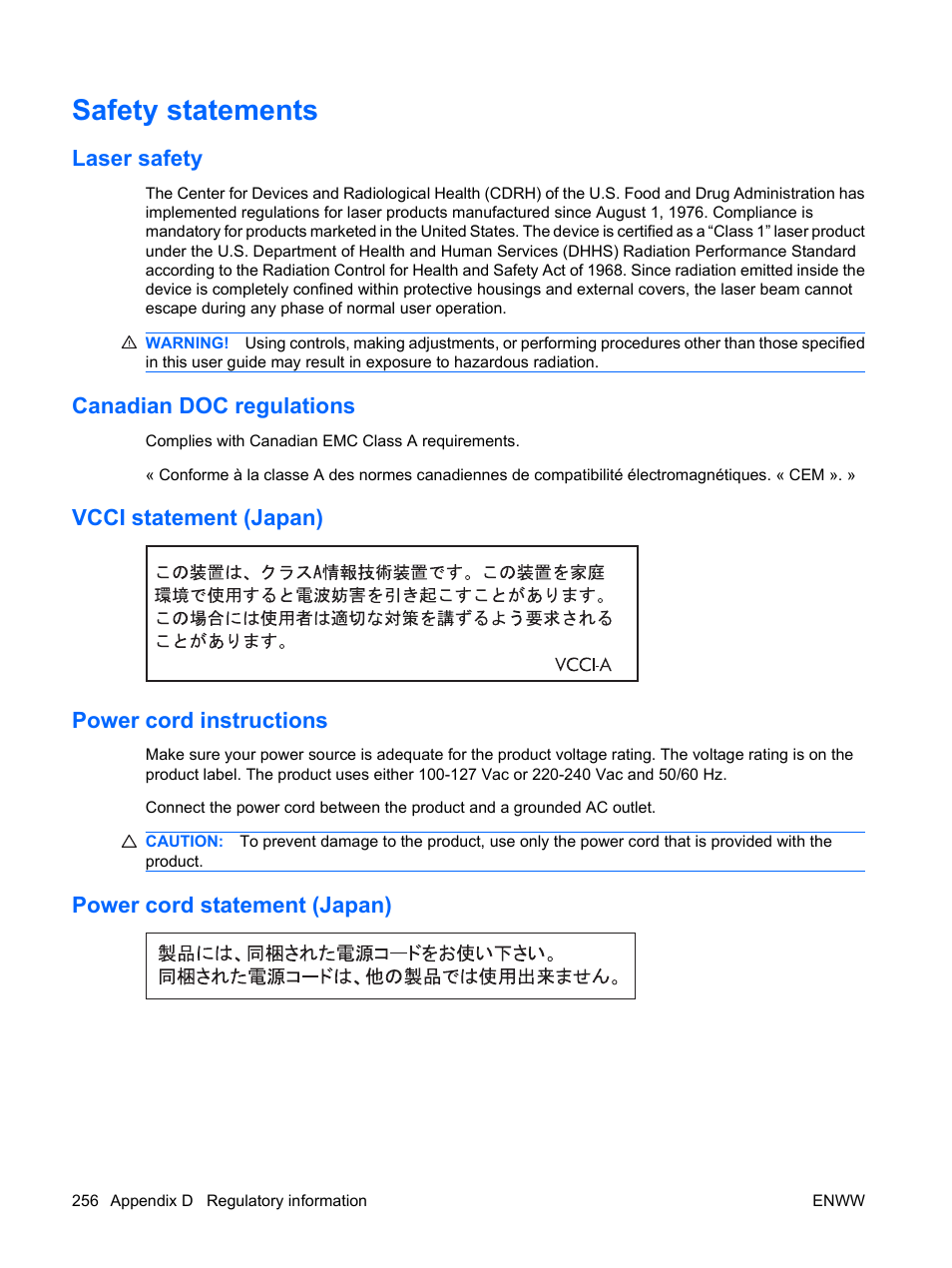 Safety statements, Laser safety, Canadian doc regulations | Vcci statement (japan), Power cord instructions, Power cord statement (japan), Vcci statement (japan) power cord instructions | HP Color LaserJet Enterprise CP4525 Printer series User Manual | Page 270 / 282
