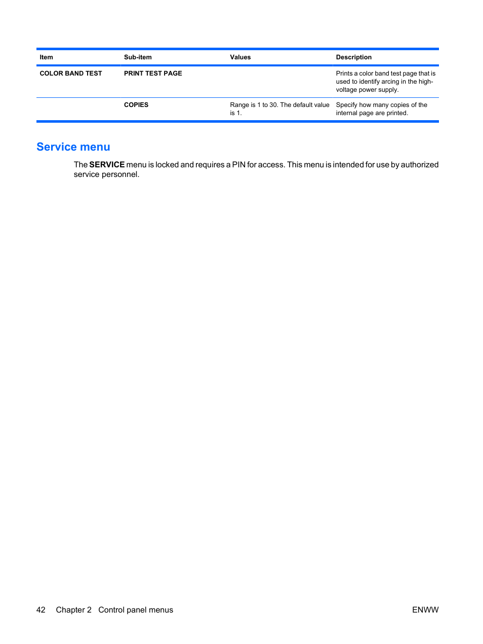 Service menu | HP Color LaserJet Enterprise CP4525 Printer series User Manual | Page 56 / 282