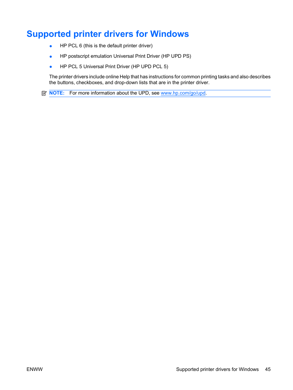 Supported printer drivers for windows | HP Color LaserJet Enterprise CP4525 Printer series User Manual | Page 59 / 282