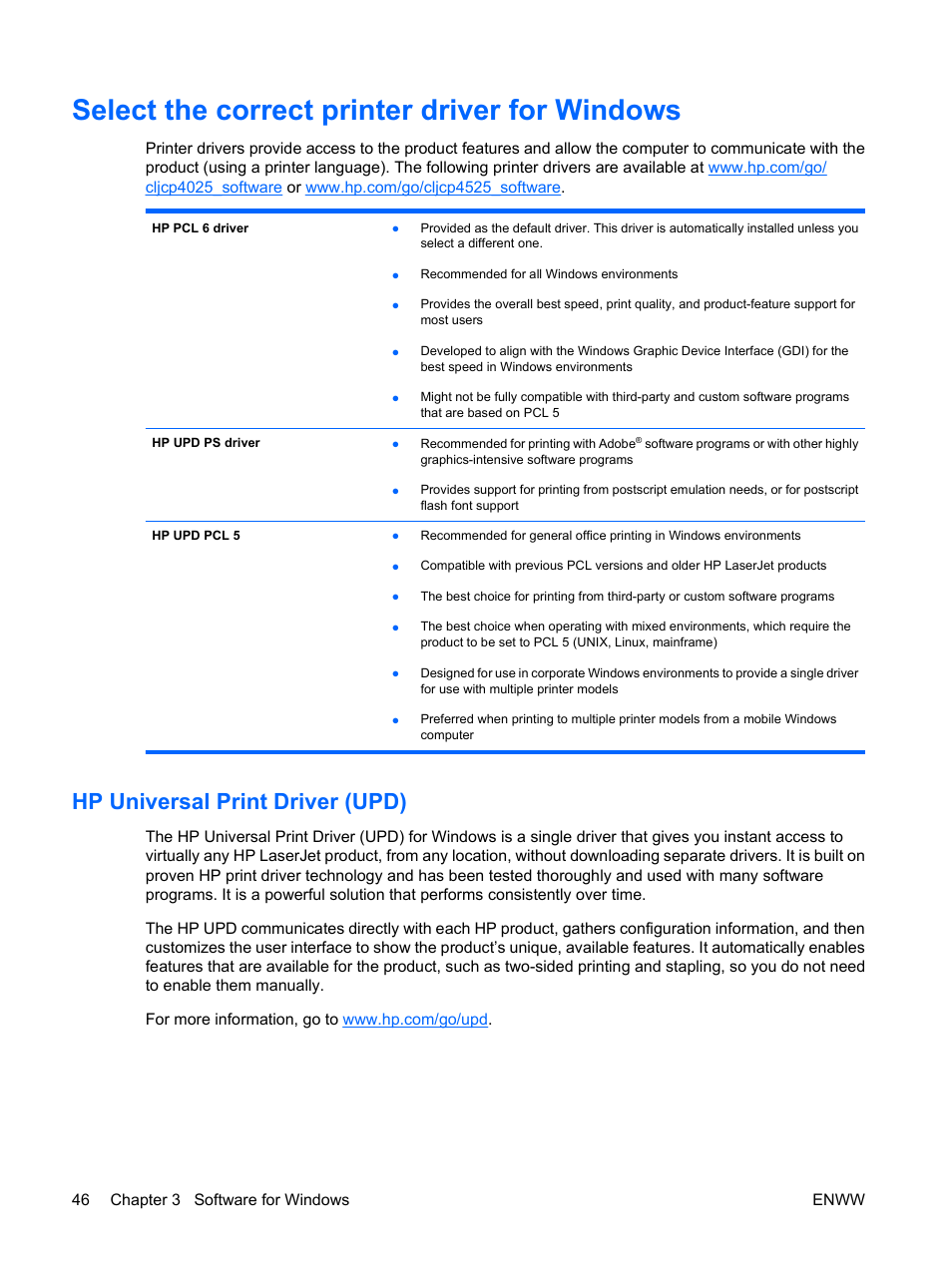 Select the correct printer driver for windows, Hp universal print driver (upd) | HP Color LaserJet Enterprise CP4525 Printer series User Manual | Page 60 / 282