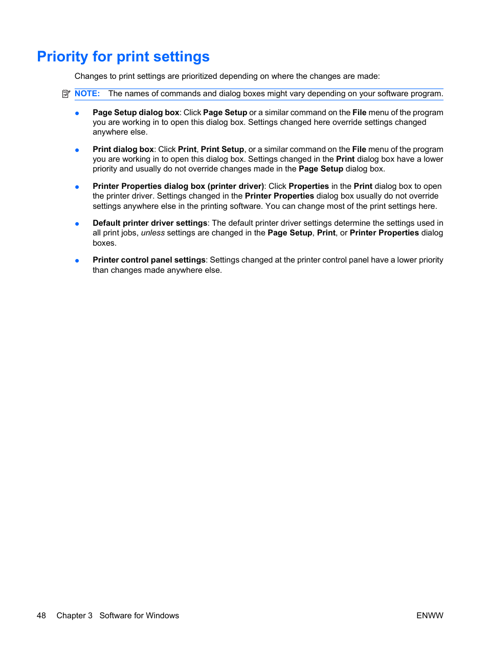 Priority for print settings | HP Color LaserJet Enterprise CP4525 Printer series User Manual | Page 62 / 282