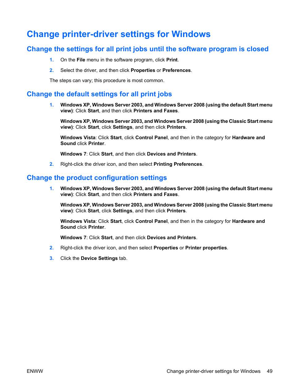 Change printer-driver settings for windows, Change the default settings for all print jobs, Change the product configuration settings | HP Color LaserJet Enterprise CP4525 Printer series User Manual | Page 63 / 282