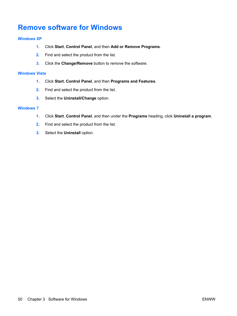 Remove software for windows | HP Color LaserJet Enterprise CP4525 Printer series User Manual | Page 64 / 282