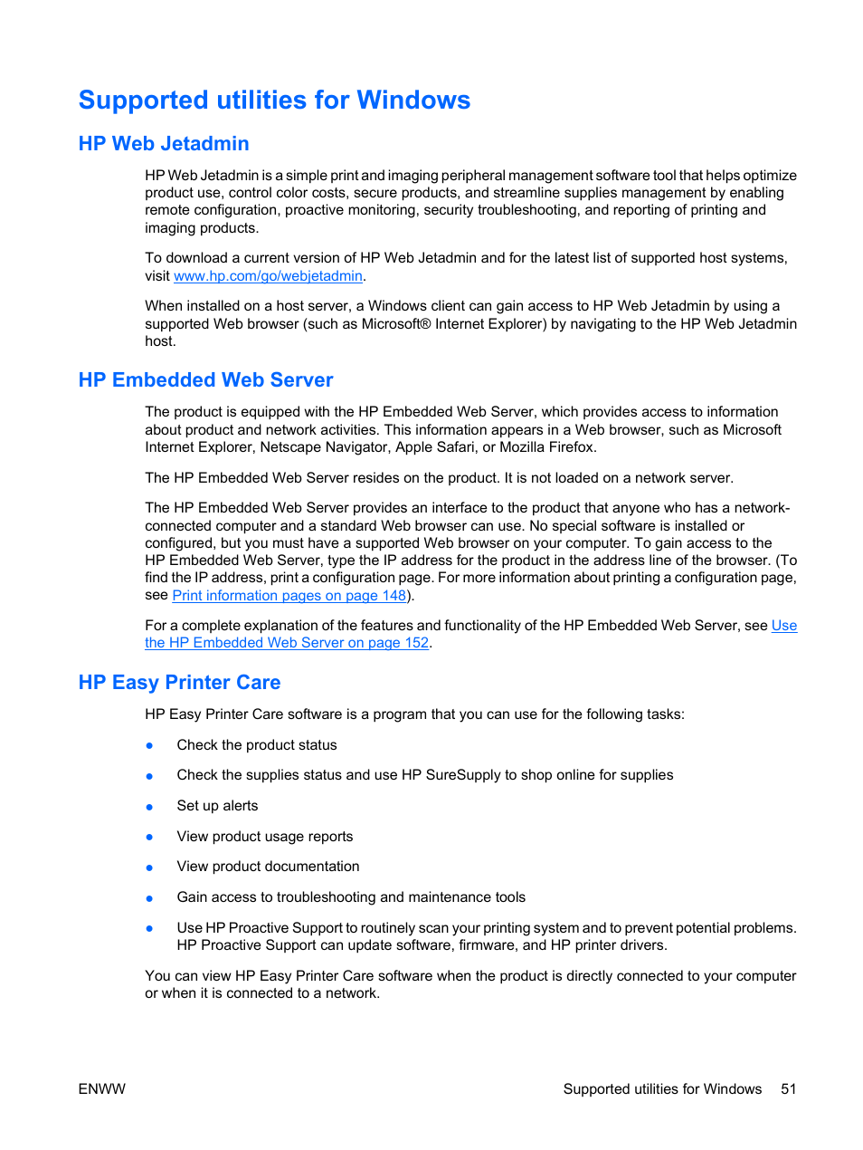 Supported utilities for windows, Hp web jetadmin, Hp embedded web server | Hp easy printer care | HP Color LaserJet Enterprise CP4525 Printer series User Manual | Page 65 / 282