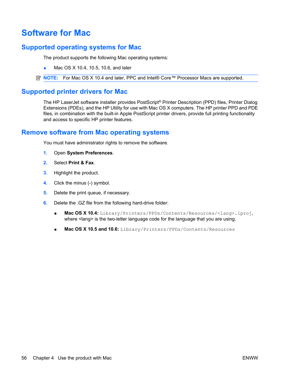 Software for mac, Supported operating systems for mac, Supported printer drivers for mac | Remove software from mac operating systems | HP Color LaserJet Enterprise CP4525 Printer series User Manual | Page 70 / 282