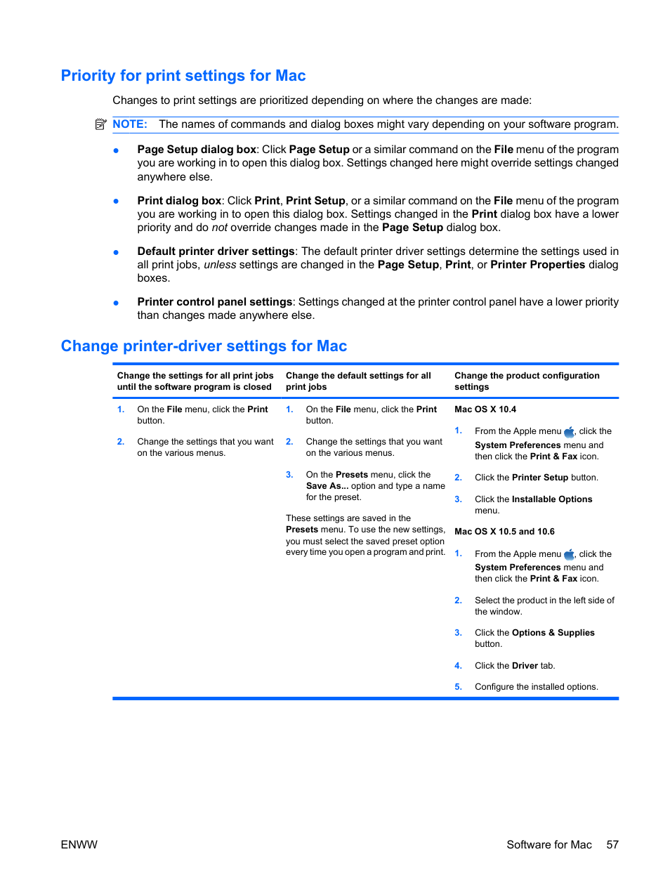 Priority for print settings for mac, Change printer-driver settings for mac | HP Color LaserJet Enterprise CP4525 Printer series User Manual | Page 71 / 282