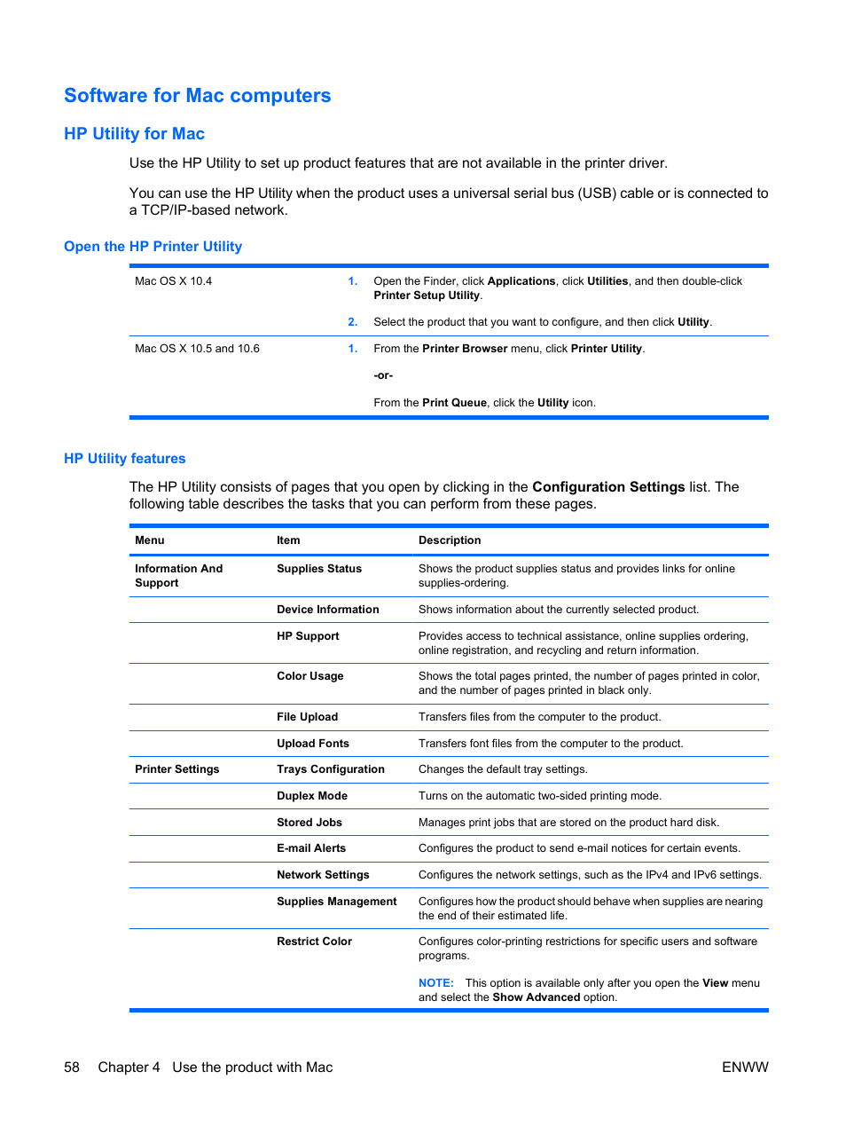 Software for mac computers, Hp utility for mac, Open the hp printer utility | Hp utility features, Open the hp printer utility hp utility features | HP Color LaserJet Enterprise CP4525 Printer series User Manual | Page 72 / 282