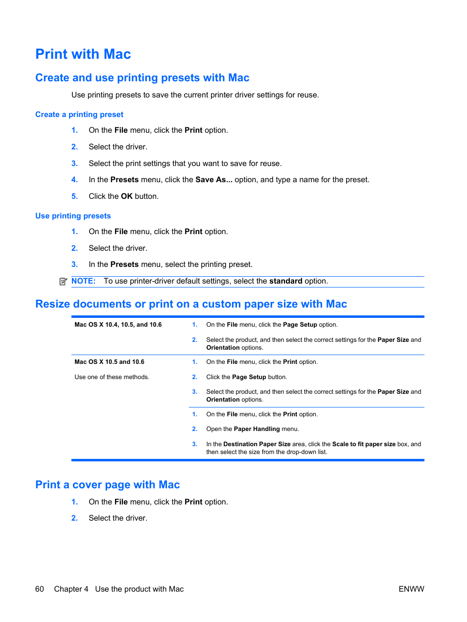 Print with mac, Create and use printing presets with mac, Print a cover page with mac | HP Color LaserJet Enterprise CP4525 Printer series User Manual | Page 74 / 282