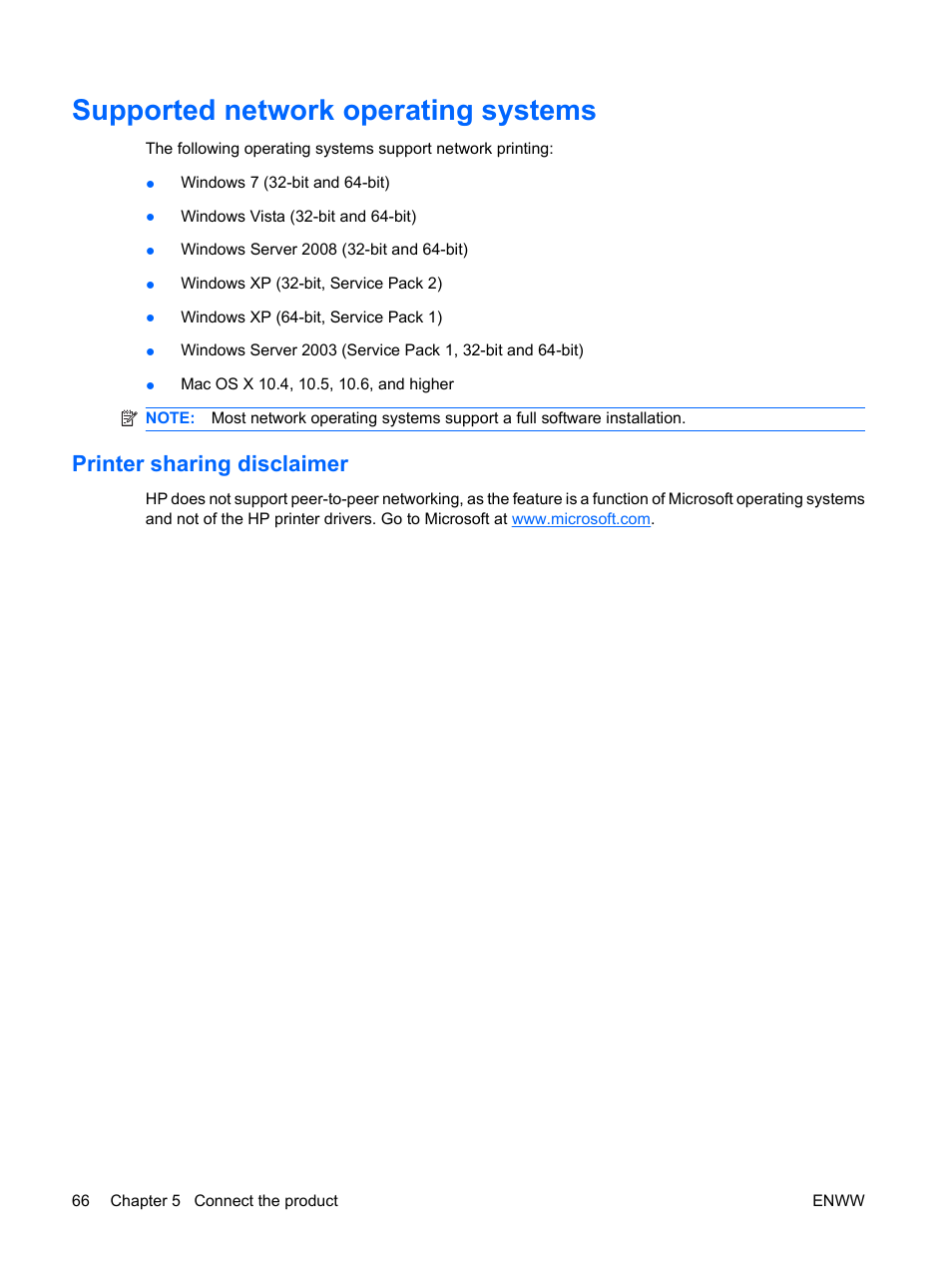 Supported network operating systems, Printer sharing disclaimer | HP Color LaserJet Enterprise CP4525 Printer series User Manual | Page 80 / 282