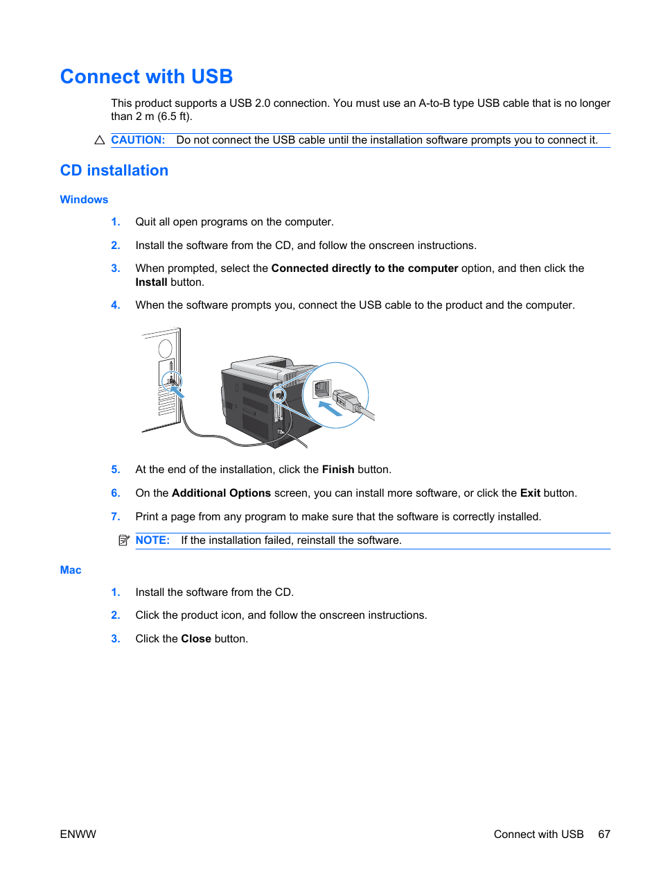 Connect with usb, Cd installation | HP Color LaserJet Enterprise CP4525 Printer series User Manual | Page 81 / 282