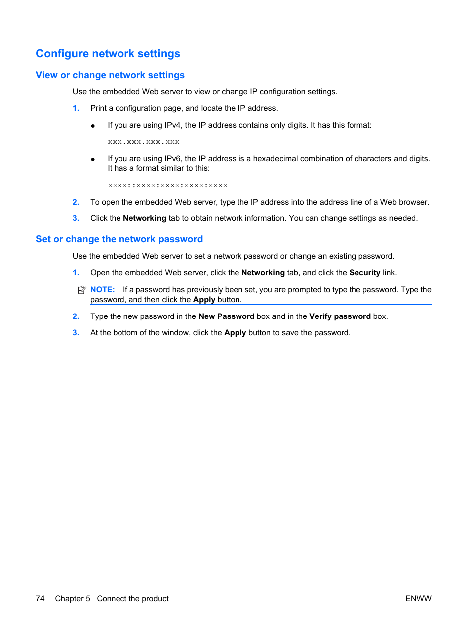 Configure network settings, View or change network settings, Set or change the network password | HP Color LaserJet Enterprise CP4525 Printer series User Manual | Page 88 / 282