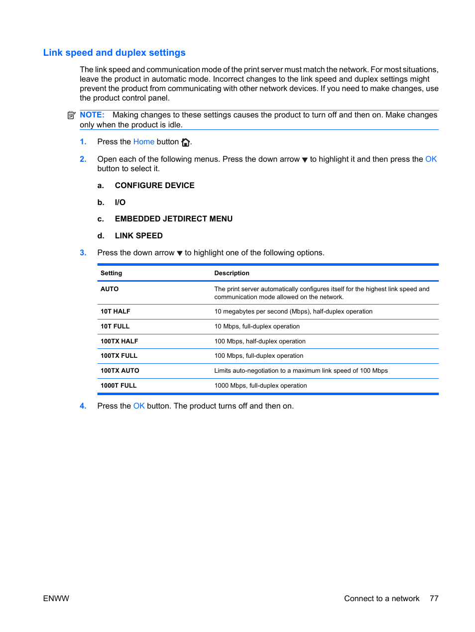 Link speed and duplex settings | HP Color LaserJet Enterprise CP4525 Printer series User Manual | Page 91 / 282