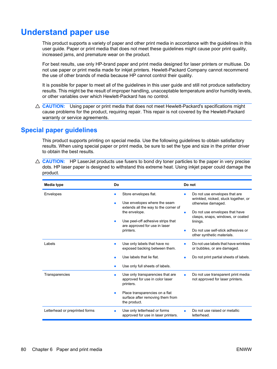 Understand paper use, Special paper guidelines | HP Color LaserJet Enterprise CP4525 Printer series User Manual | Page 94 / 282